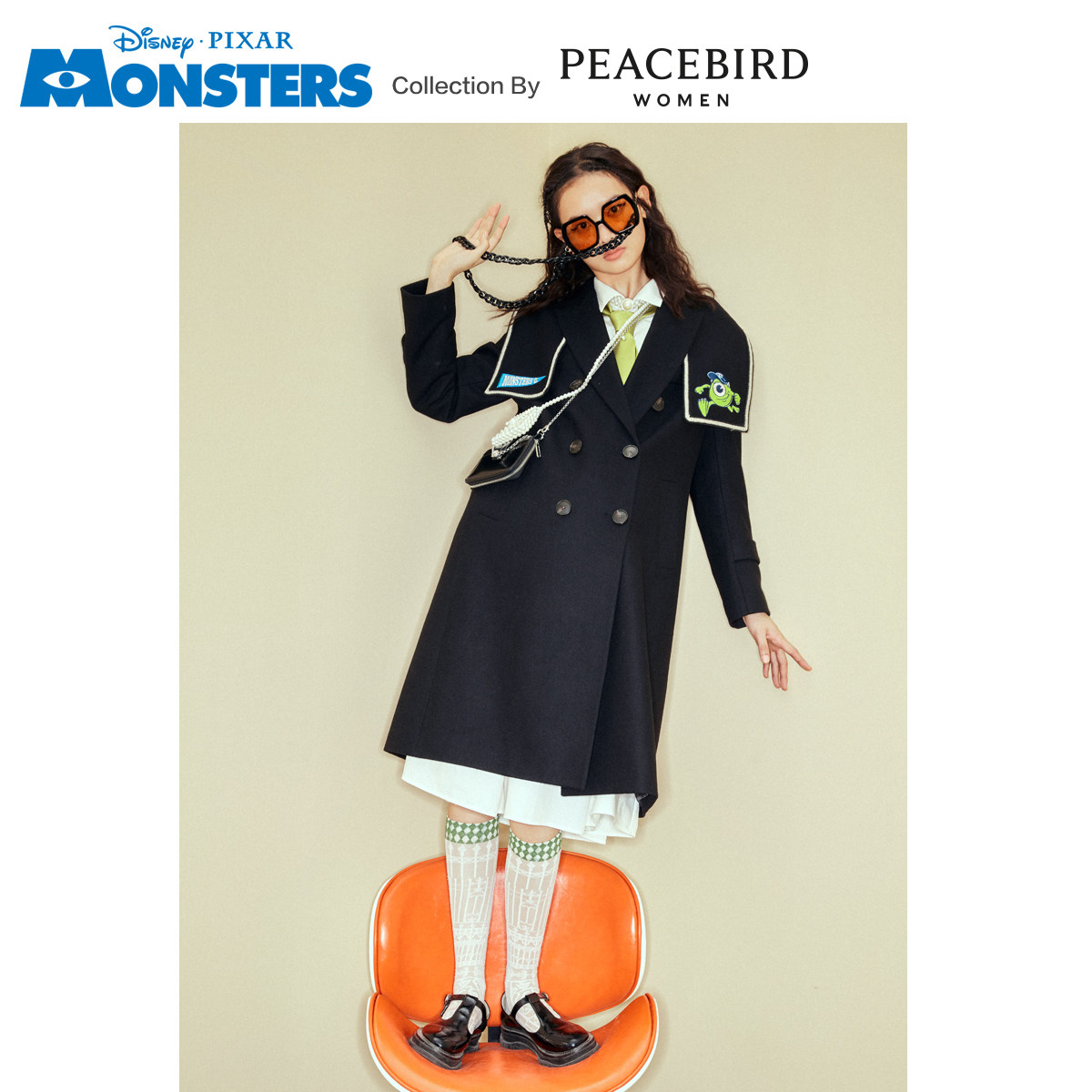 【怪兽大学联名】太平鸟黑色中长款 太平鸟喜之乐毛呢外套