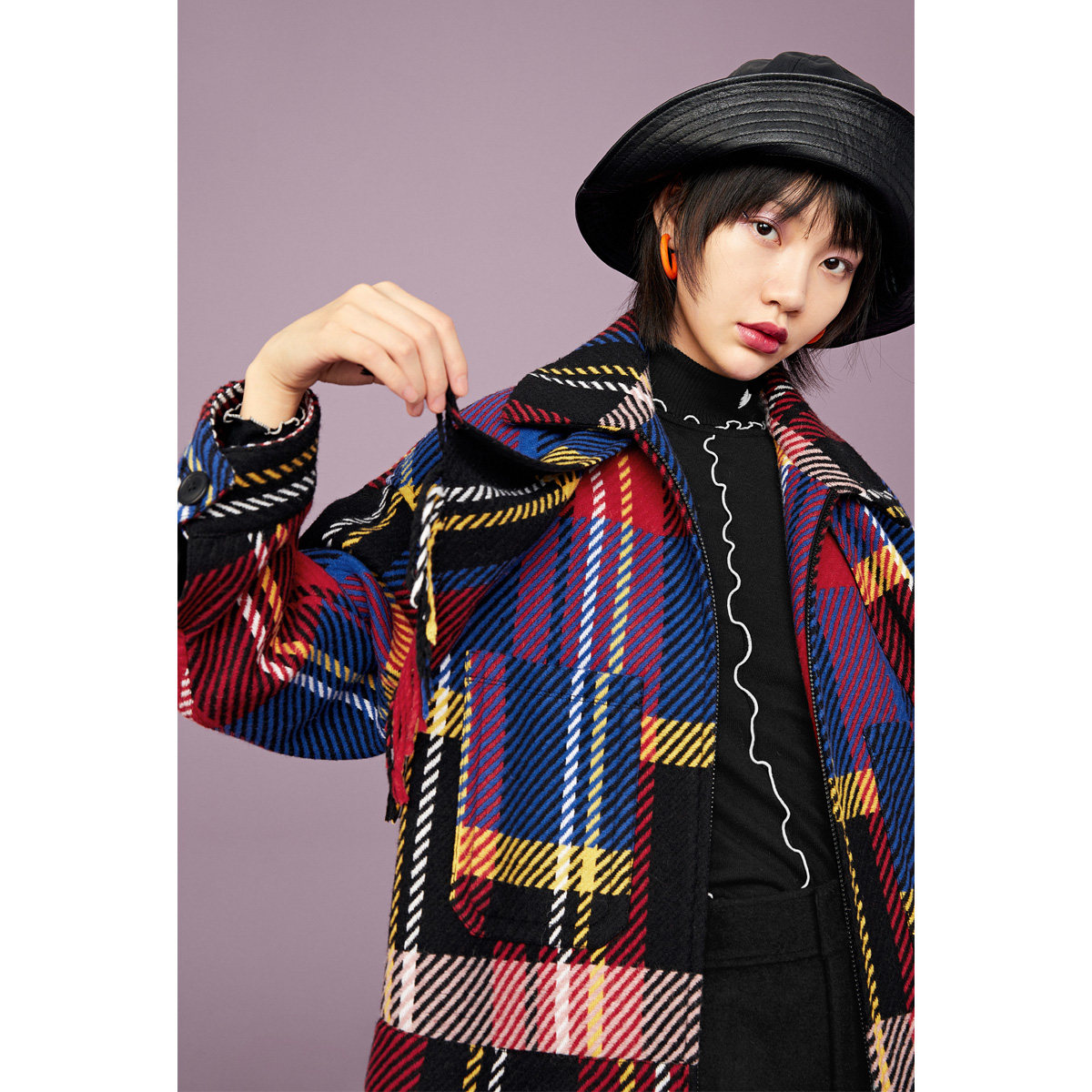 太平鸟红色格子流苏2020羊毛大衣 太平鸟广仁毛呢外套