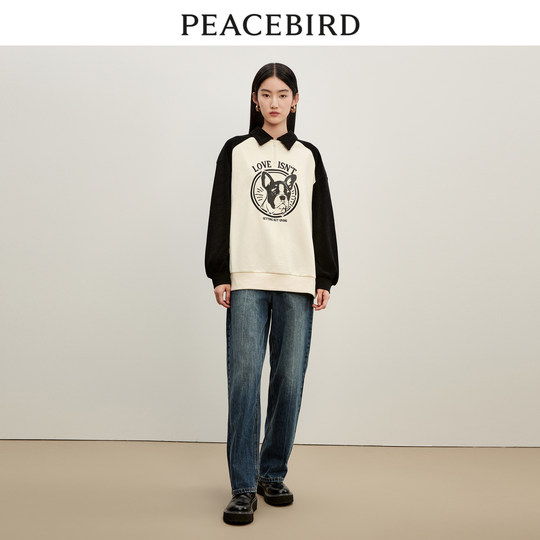 Peacebird Cute Dog Fighting Polo Sweater Women's 2023 Autumn New Raglan Sleeve Contrast Color Animal Sweater