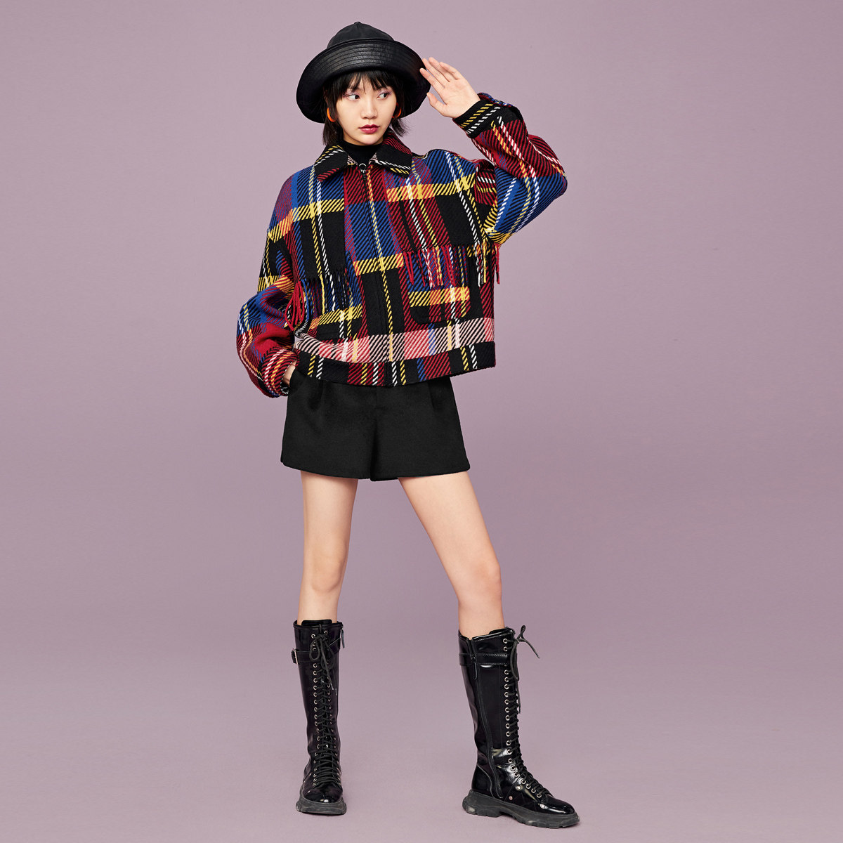 太平鸟红色格子流苏2020羊毛大衣 太平鸟广仁毛呢外套