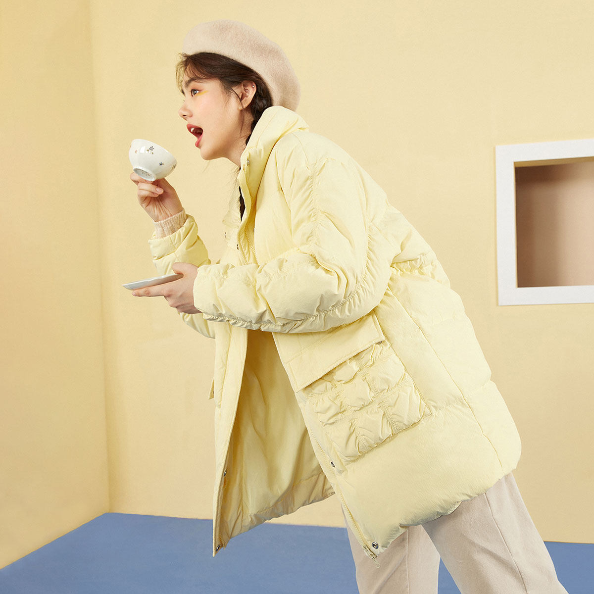 太平鸟2020新款黄色中长款女白鸭绒 太平鸟喜之乐羽绒服