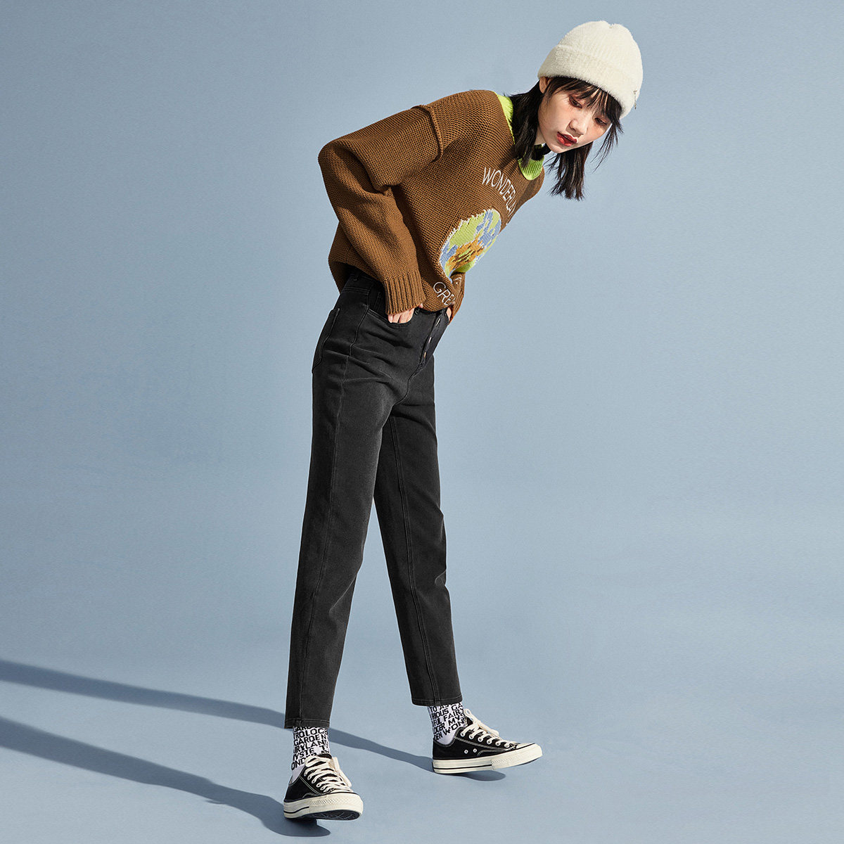 太平鸟高腰宽松2019秋冬新款牛仔裤 太平鸟普埃拉牛仔裤