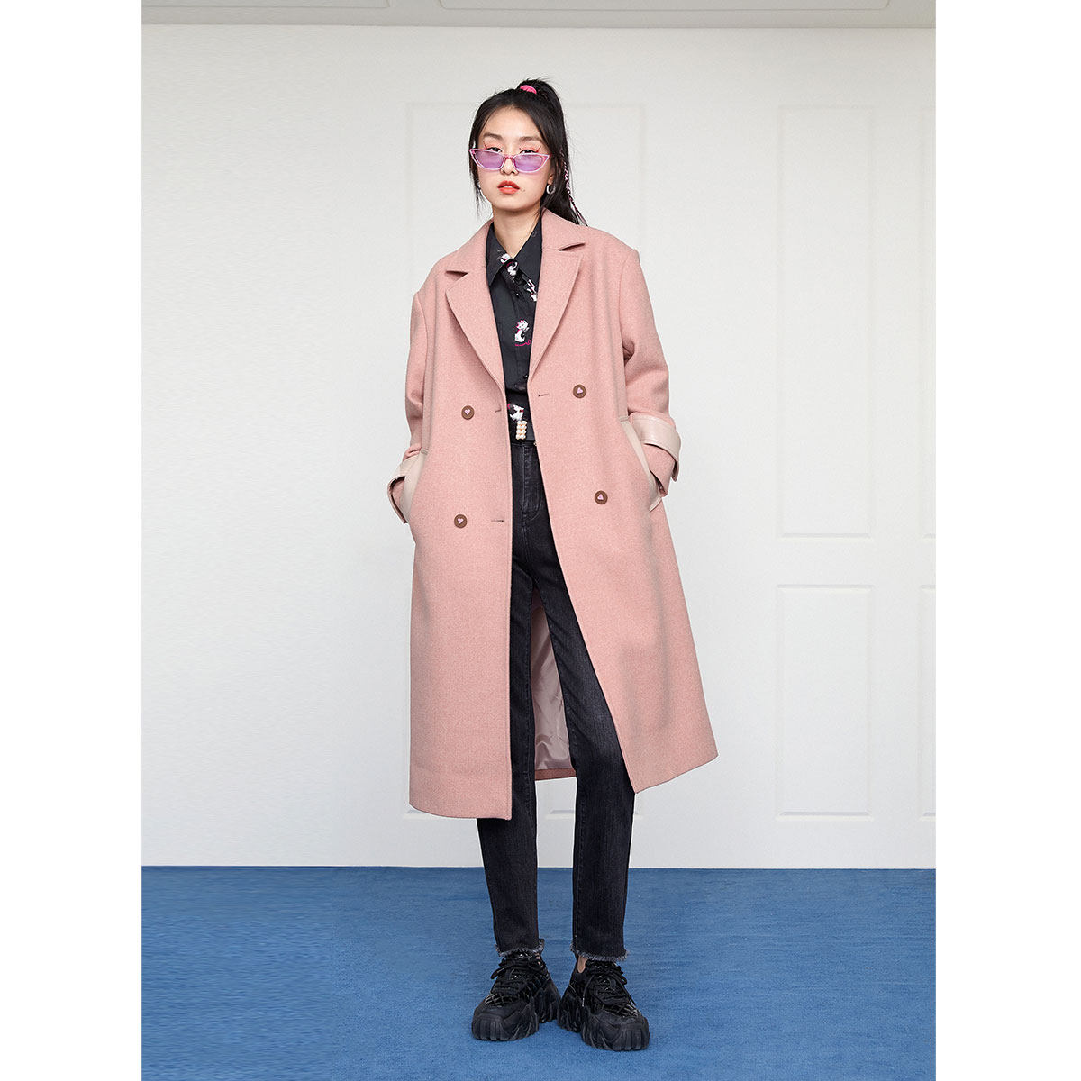 【玛丽猫联名】太平鸟黑色毛呢大衣 太平鸟广仁毛呢外套