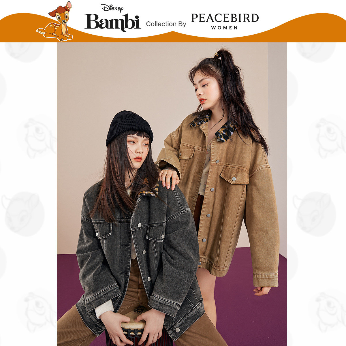 【菱格夹棉】太平鸟小鹿斑比联名牛仔 太平鸟广仁短外套