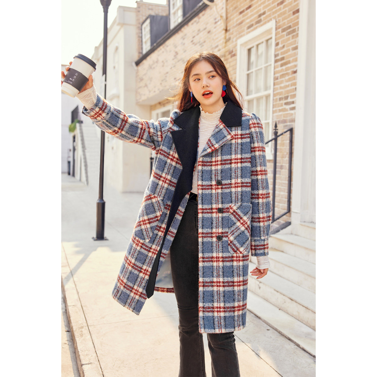 太平鸟中长款格纹2020冬季新款大衣 太平鸟喜之乐毛呢外套