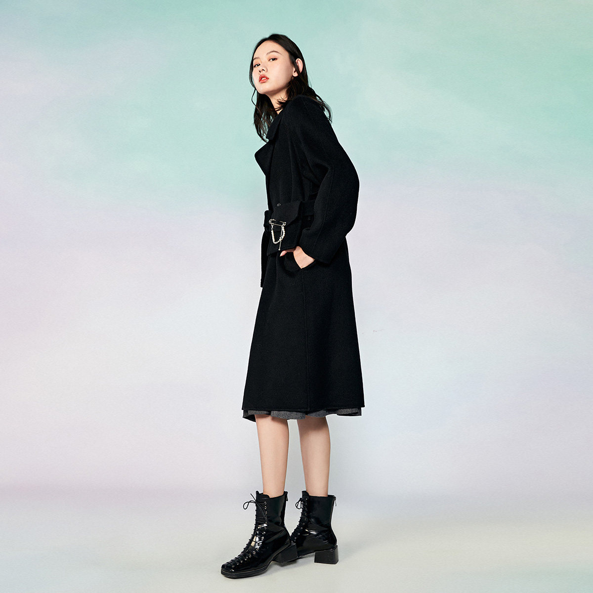 太平鸟雾霾蓝中长款双面2020呢大衣 太平鸟喜之乐毛呢外套