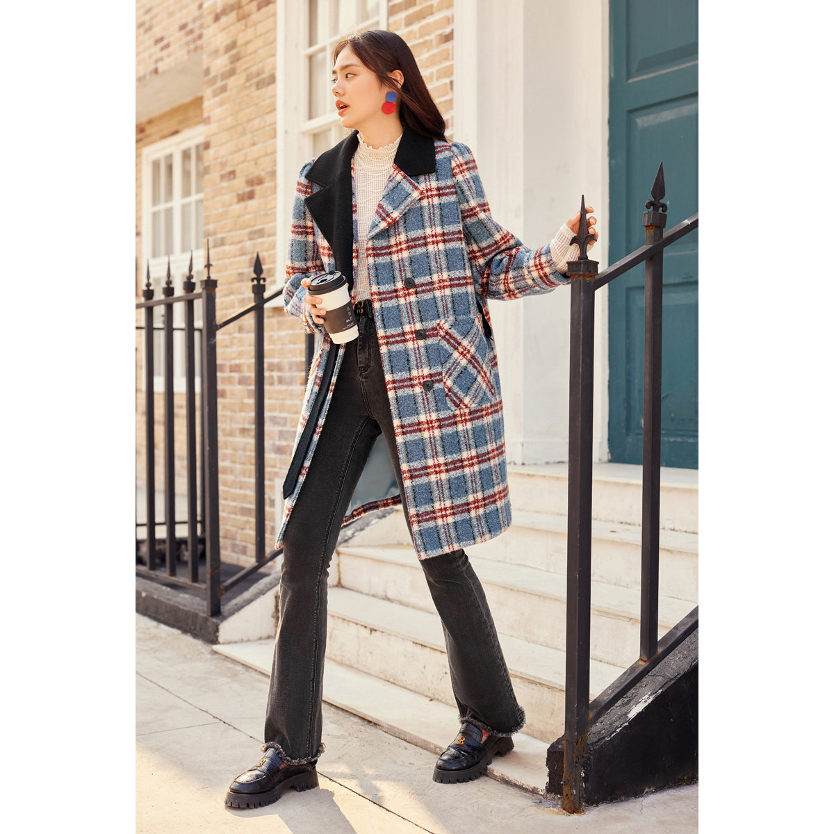 太平鸟中长款格纹2020冬季新款大衣 太平鸟喜之乐毛呢外套