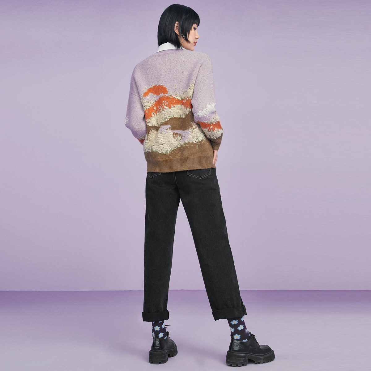 太平鸟油画风圆领2020冬季新款毛衣 太平鸟广仁毛针织衫