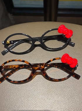 卡通古早复古蝴蝶结ins椭圆黑框豹纹眼镜平光镜素颜显脸小防蓝光