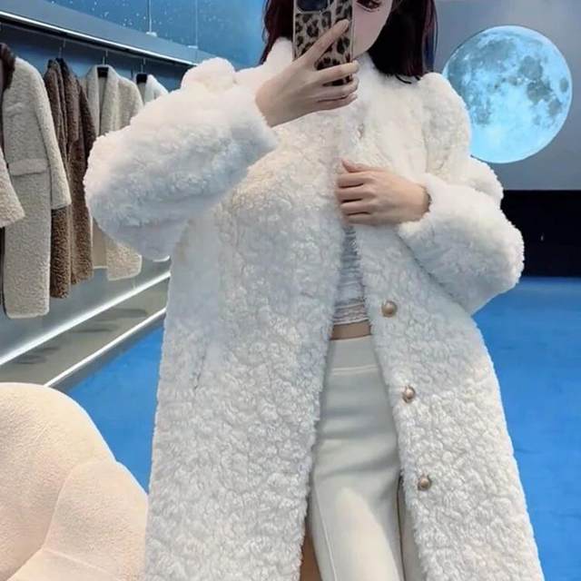 Winter lamb plush long cotton and thick fur coat