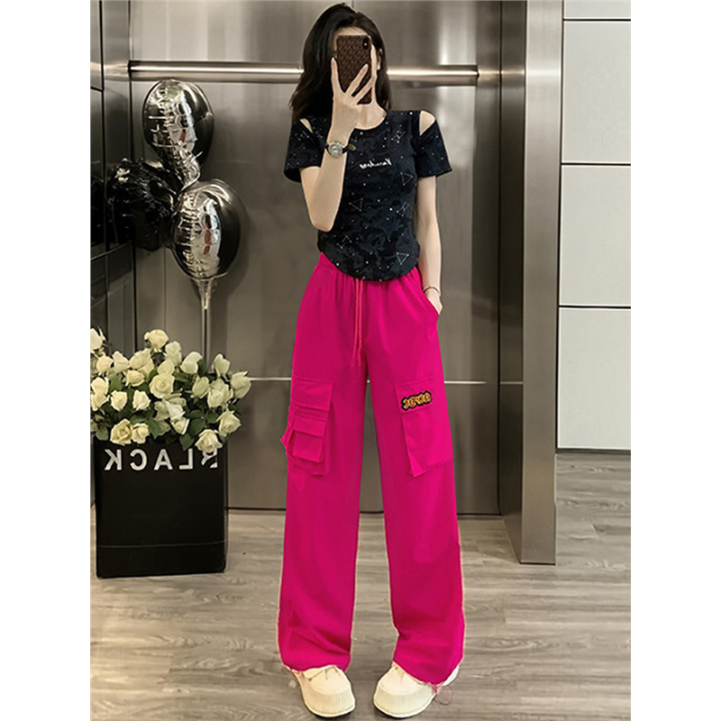 广场舞运动套装女夏季2025时尚粉色露肩T恤阔腿裤休闲服装两件套 - 图2