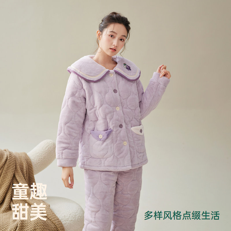 安之伴三层夹棉冬季睡衣女加厚保暖甜美娃娃领珊瑚绒家居服套装,淘宝优惠券,粉丝福利购,淘宝优惠卷