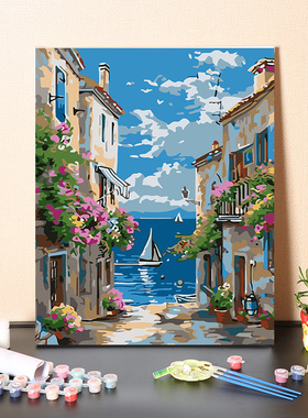 数字油画diy手工填充宁静美好海边小镇风景手绘减压涂色油彩画画