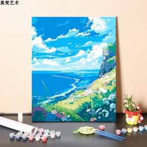 Digital Oil Painting Diy Hand Filled Seaside Healing Fresh Flowers Blue Wind Landscape Painting Hand-painted Painted Oil Color Painting