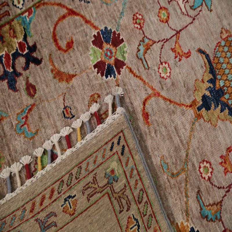 Afghan handmade wool light beige fringed bedside blanket
