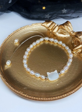 s925纯银弹力黑白猫咪女黑色手链