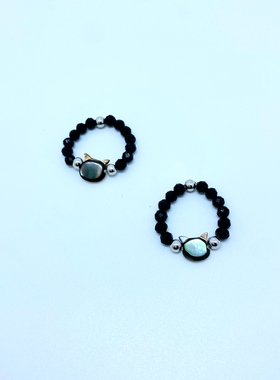 s925纯银弹力猫咪戒指黑色尖晶石