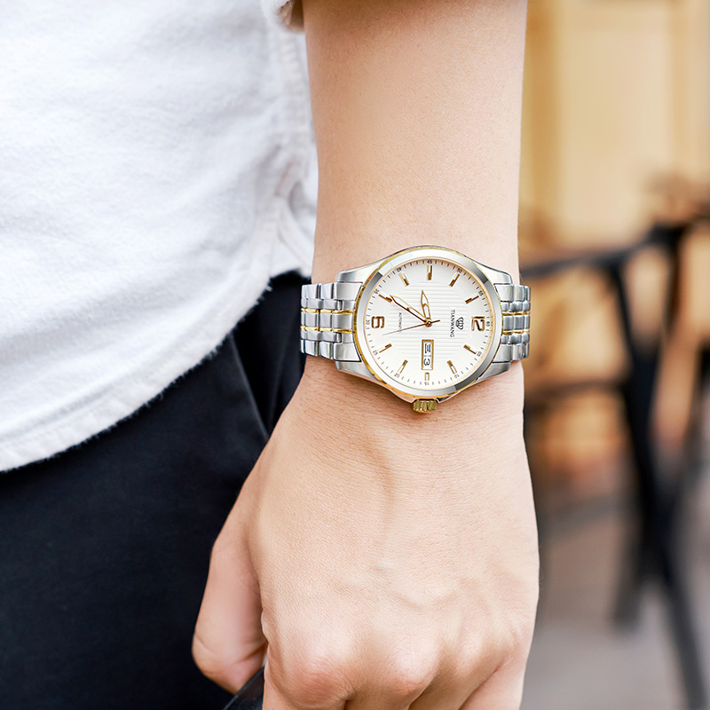 天王表商务双日历机械表金色男士手表送爸爸礼物5732