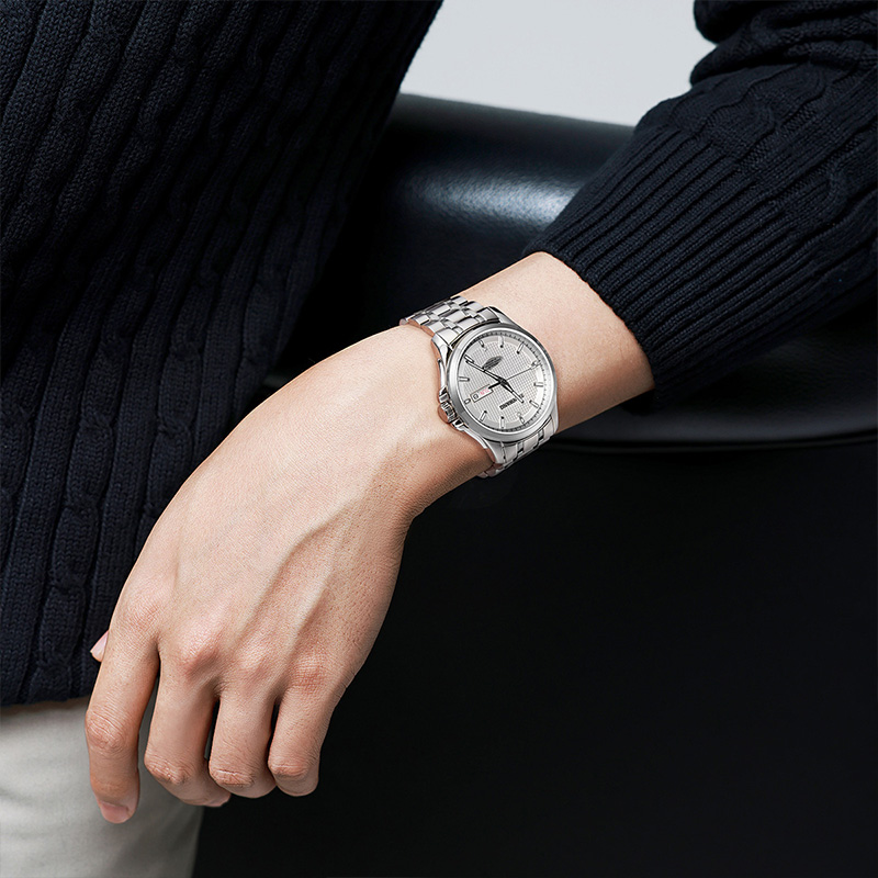 天王秋冬新品大表盘双日历男士自动机械表防水商务金色手表51507