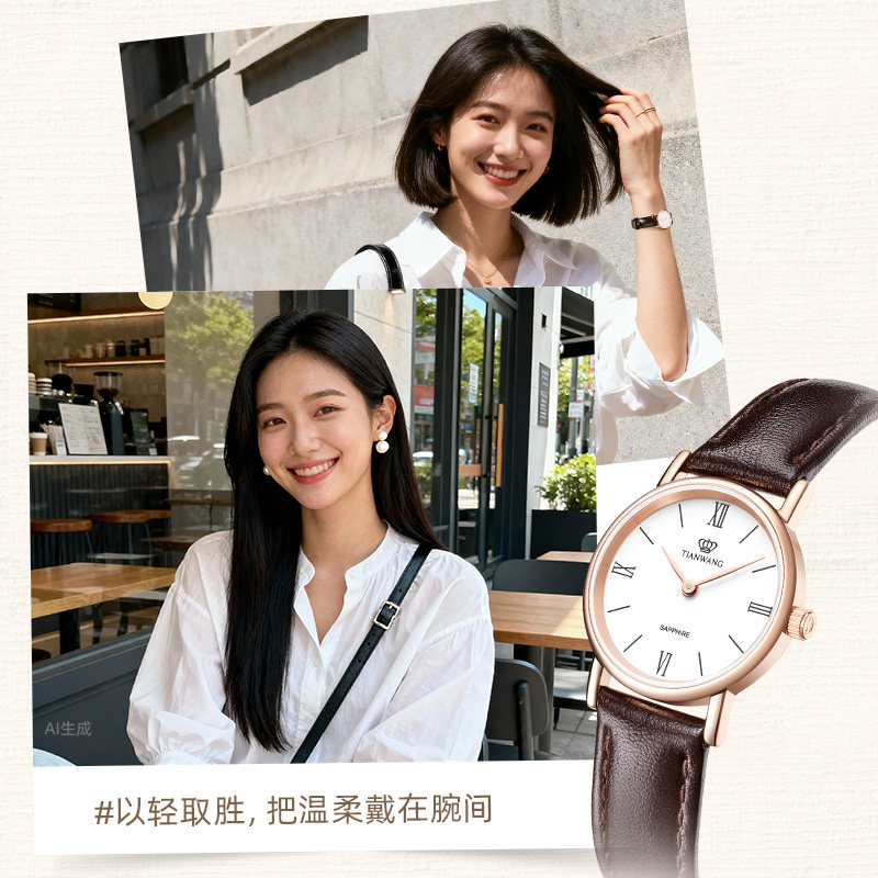 天王表复古轻奢真皮石英小巧学生考试手表女3612生日毕业成人礼物