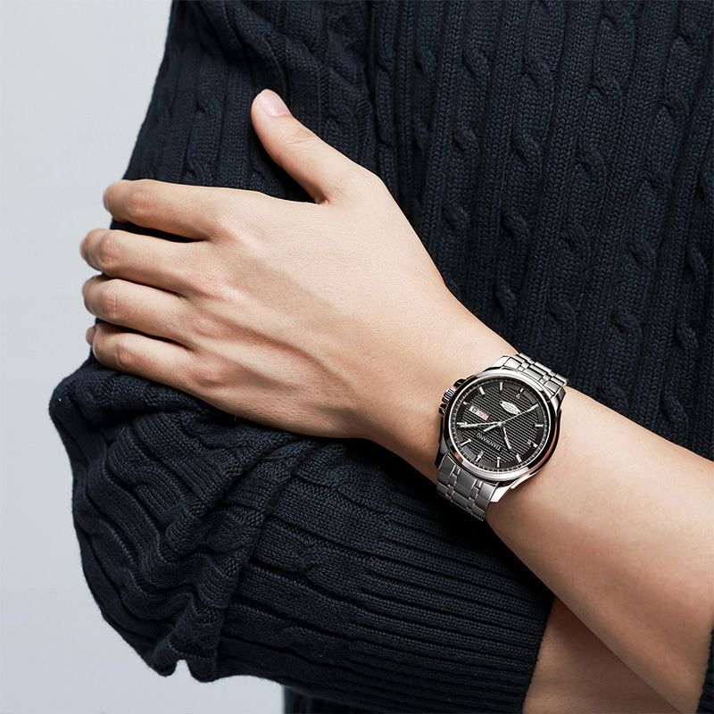 天王秋冬新品大表盘双日历男士自动机械表防水商务金色手表51507