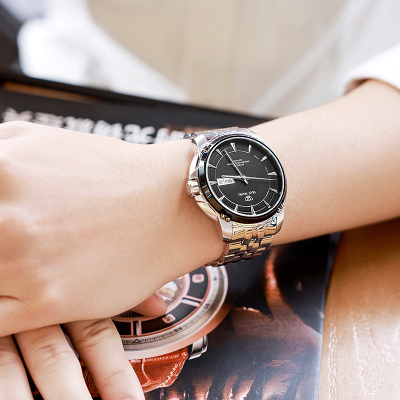 商务圆形黑色自动51051天王表 天王国产腕表