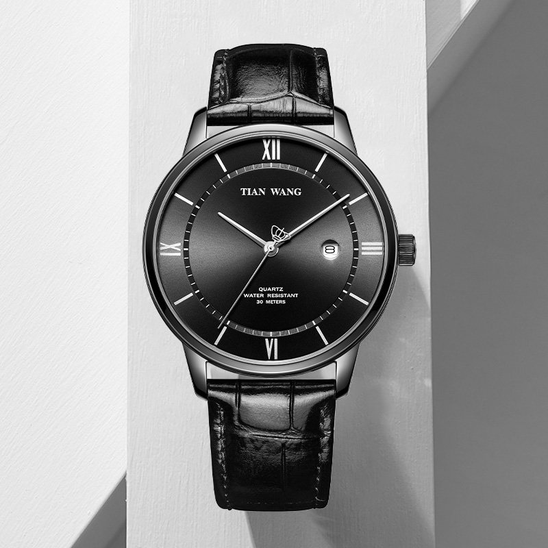 天王表大表盘简约轻薄真皮带男士手表31056商场同款专柜直发