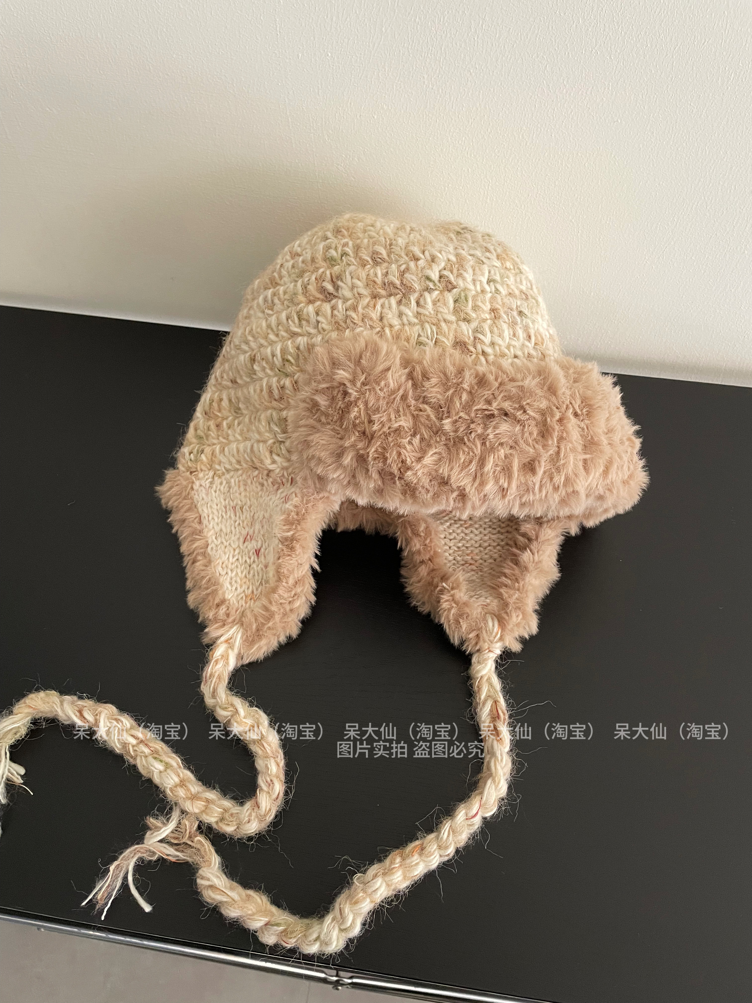 The color matching is so beautiful. Handmade crocheted plush ear protection Lei Feng hat for women in autumn and winter. Warm retro mixed color flying hat.