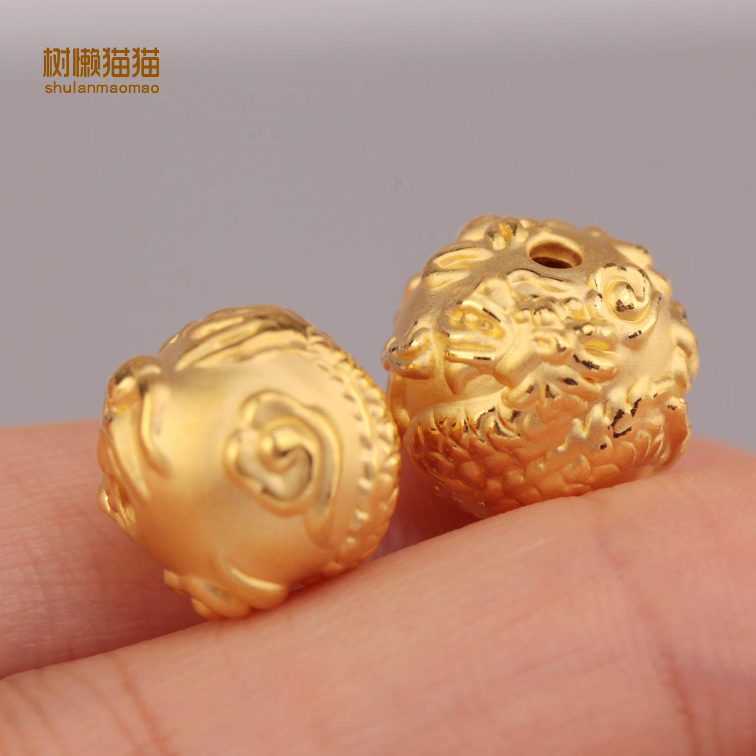 树懒猫猫黄金999足金3D硬金13mm14mm龙珠立体圆珠手链多宝金珠-图1