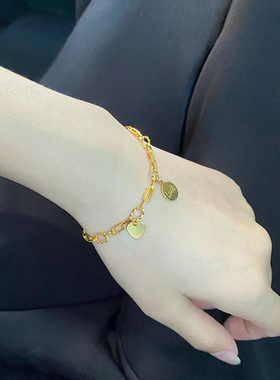 钛钢手链  幸运爱心圆牌lucky手链女ins风简约高级感手饰不掉色