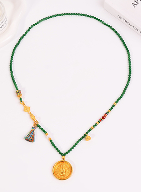 铜合金项链 新中式黄财神绿色串珠项链女轻奢长款毛衣链衣服配饰