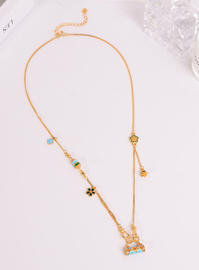 铜合金项链 新中式珐琅工艺高货同心锁包项链女小花锁骨链首饰品