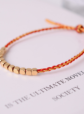 钛钢手链 小方糖编织手链女镀18K金红绳细手绳新年手串简约配饰