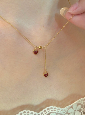 钛钢项链 安哥拉红色爱心流苏项链女小众百搭气质锁骨链不褪色