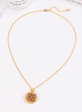 铜合金项链 新中式可转动铜币项链女红色罗盘设计毛衣链配饰