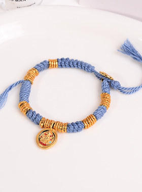 铜合金手链 扎基拉姆财神盘缠手链女新中式蓝色编织手绳轻奢手饰