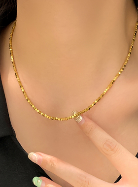 钛钢项链 镀18k金闪闪小方糖项链女碎金子锁骨链颈链轻奢不掉色