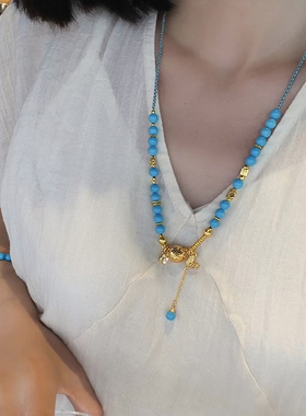 铜合金项链 蓝色串珠龙鳞圆球项链女新中式小众高级感配饰新品