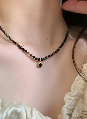 钛钢项链 高级感设计小众黑色串珠项链女气质锁骨链夏季不褪色