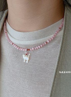【少女的猫】原创粉猫眼石南红玛瑙白蝶贝猫咪串珠项链女小众甜美