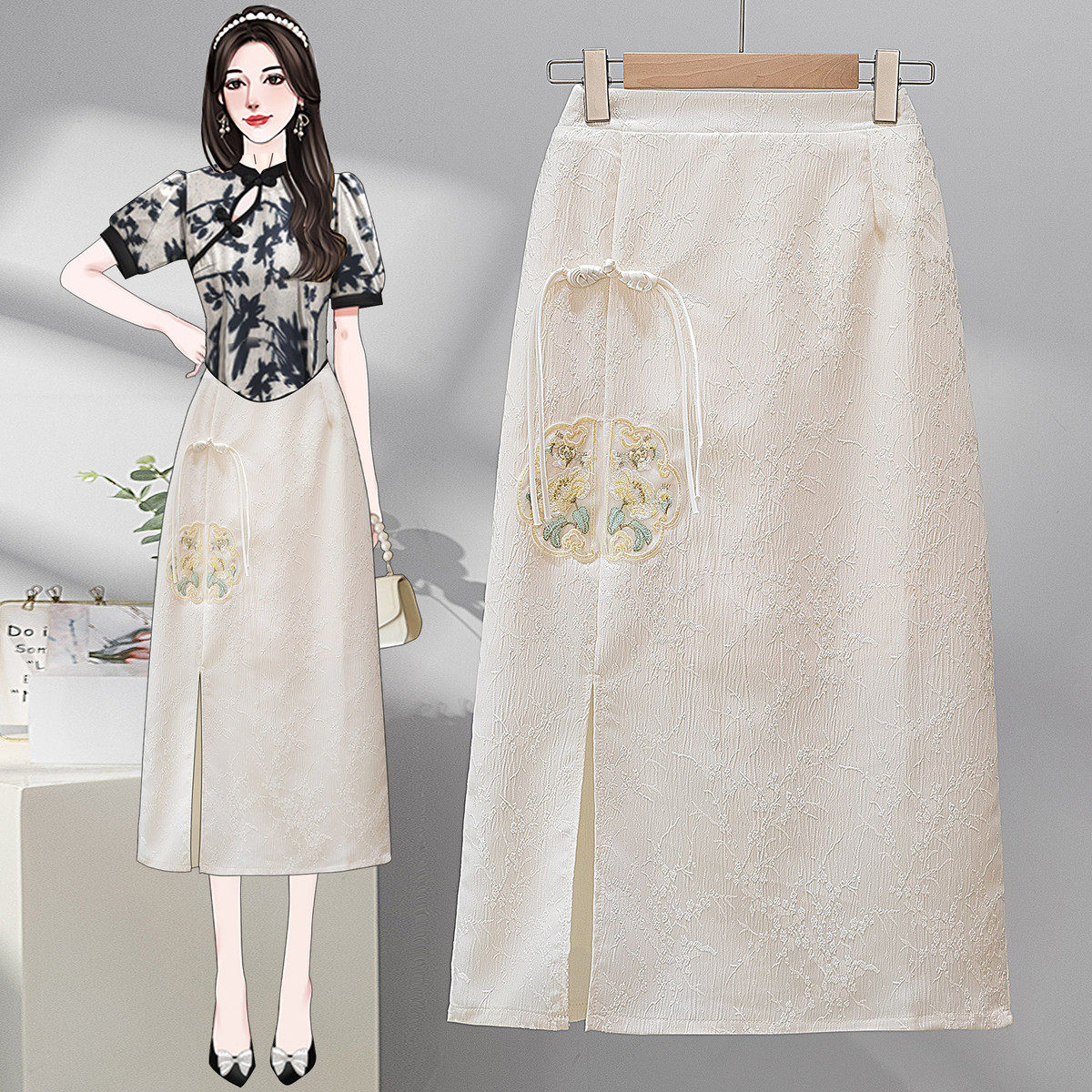 新中式国风提花缎面女夏季大码高级感中长款开叉直筒包臀裙,淘宝优惠券,粉丝福利购,淘宝优惠卷