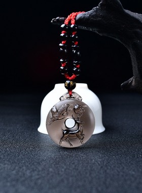 适用易明开居2025年属龙人鹿鹤献桃吉贵宏黑曜石吊坠生肖龙转运珠