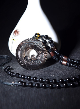 适用天然冰种彩虹眼黑曜石龙凤吊坠鸳鸯扣平安扣男女一对挂件情侣