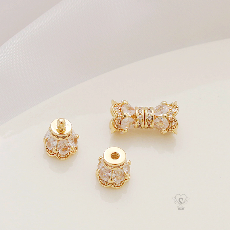 14K铜保色镶锆石螺丝腰鼓桶珠隔珠四叶圆扣头diy手链项链饰品配珠 - 图1