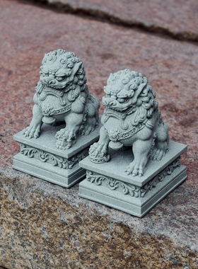 中式水泥石狮子桌面茶几摆件微景