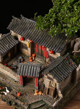 中式复古建筑手办微景观房子模型摆件盆景家居装S饰品乔迁新居礼