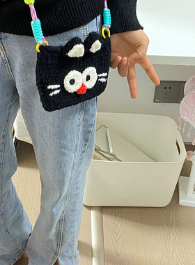 毛线钩针可爱小黑猫包包手工编织diy材料包单肩斜挎包手机零钱包