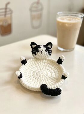 解闷毛线钩织搞怪奶牛猫杯垫编织diy材料包手工自制桌面隔热杯垫