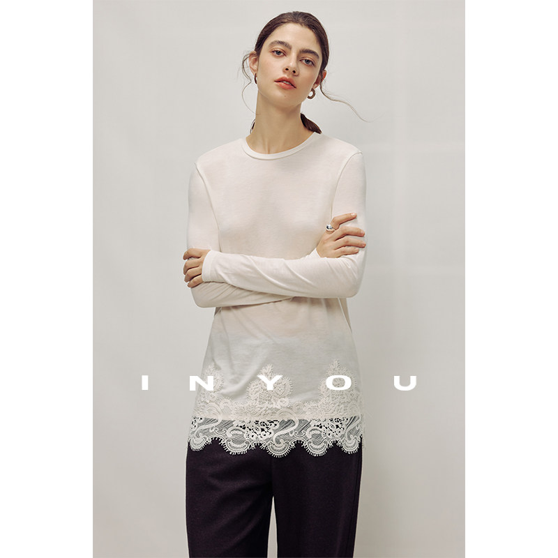 因由 早春莱赛尔天丝羊毛亲肤拼接蕾丝长袖百搭圆领打底衫T恤上衣,淘宝优惠券,粉丝福利购,淘宝优惠卷