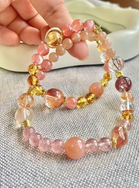 天然水晶双圈手链草莓晶黄胶花塔晶花珀南红金运石礼物饰品生日女
